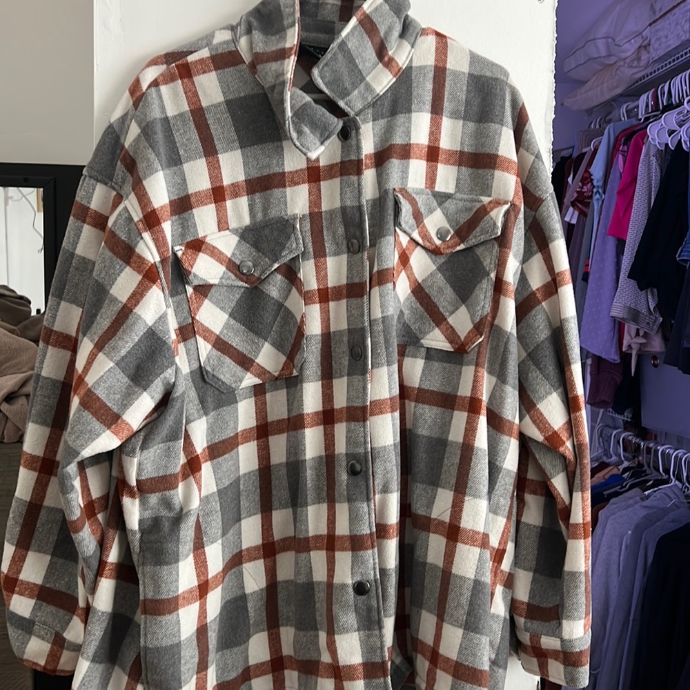 Hfx Women's Shirt Jacket Relaxed Fit Drop Shoulder Pockets Gray/Brown